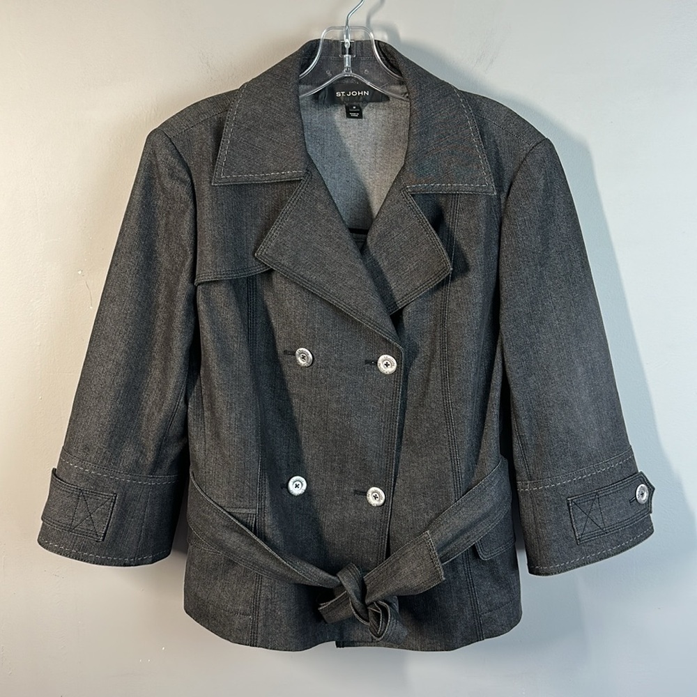 St. John Womens Dark Denim Double Breasted Jacket Size Medium Designer Tie Belt